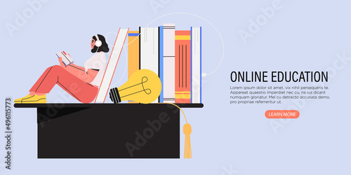 Student learn online at home. Character sit on graduate cap and study with books or exercise books. Online education concept. Flat vector illustration. New career courses or educational class.