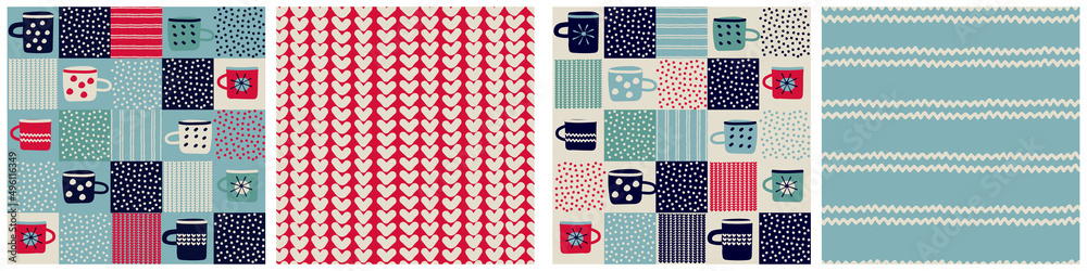 Seamless patterns set, patchwork with hand drawn cups, polka dot, waves in rustic Scandinavian hygge style for surface design and other design projects