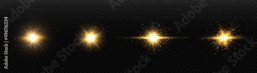Shining golden stars isolated on transparent background. Effects, glare, lines, gold light particles. Set of vector stars.	
