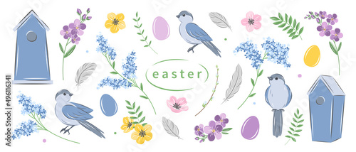 Easter and spring design elements set. Eggs, birds, flowers and decorations. Vector illustration.