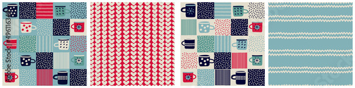 Seamless patterns set, patchwork with hand drawn cups, polka dot, waves in rustic Scandinavian hygge style for surface design and other design projects