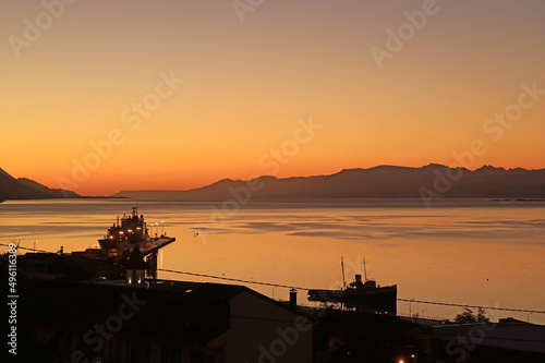 Port of Ushuaia at Dawn with Silhouette of St. Christopher Shipwreck, Province of Tierra del Fuego, Patagonia, Argentina