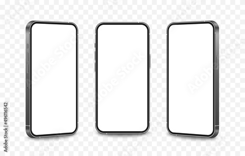 Vector set of phone mockups from different angles. Phone mockup, technology device, smartphone with blank screen. Empty display. PNG.