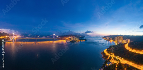 Epic evening view of the Tsing Ma Bridge, Suspension bridge in west side of Hong Kong.