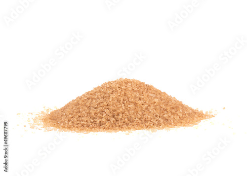 A pile of granulated cane sugar on a white background.