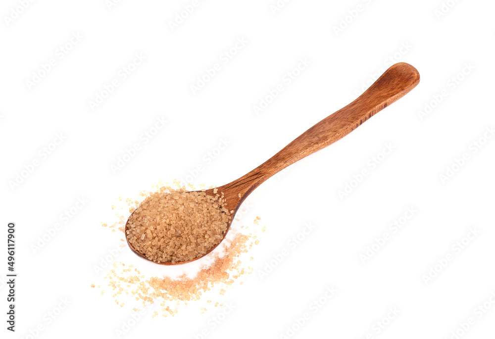 Wooden spoon with cane sugar on a white background. Wooden spoon with cane sugar on a white background.