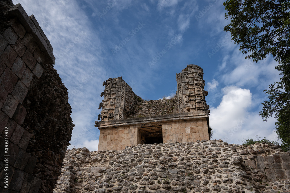 Uxmal temple complex in Yucatan, Mexico, blue sky