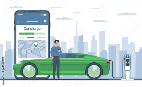 A man checks the charge level of an electric car through an application on a smartphone. Vector illustration.