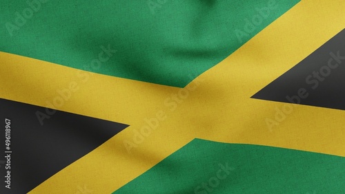 National flag of Jamaica waving 3D Render, Republic of Jamaica flag textile, coat of arms Jamaican independence day, Jamaican Patois Jumieka photo