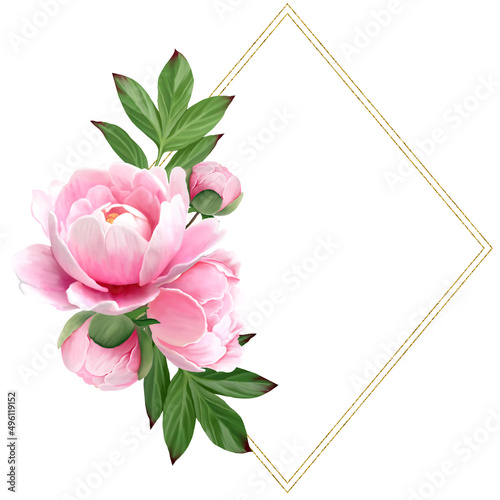 Frame with pink peonies and gold romb isolated on a white background  photo