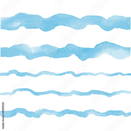Light sky blue watercolor vector water waves. Wavy long brush strokes, uneven stripes, doodle streaks, curved lines. Hand drawn watercolour text backgrounds, marine, sea borders, aquatic templates.