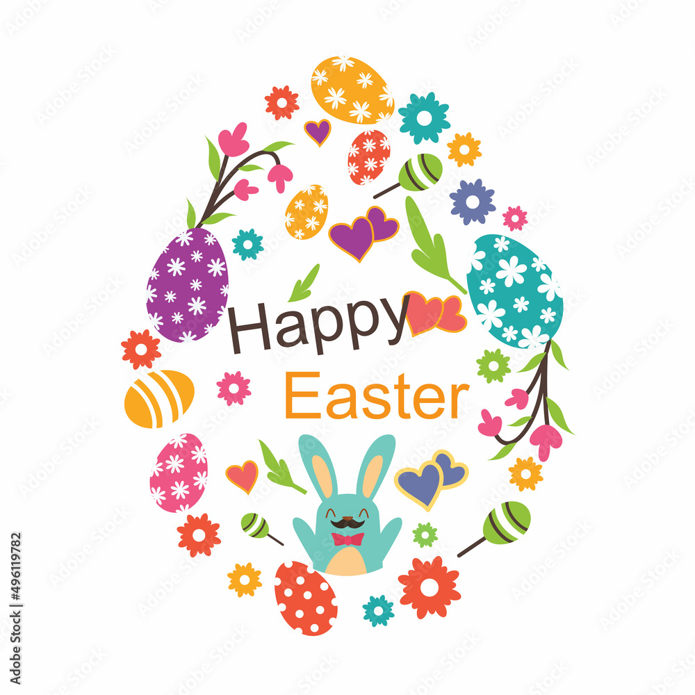 Happy Easter floral wreath vector | Easter bunny with flower | A cute Easter bunny