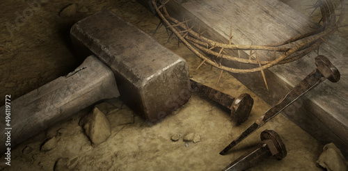 Φωτογραφία Old wooden cross, hammer,nails and crown of thorns on ground