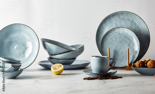 Still life photography of blue classical ceramic utensils photo