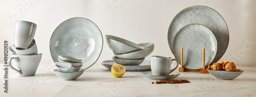 Still life photography of blue classical ceramic utensils