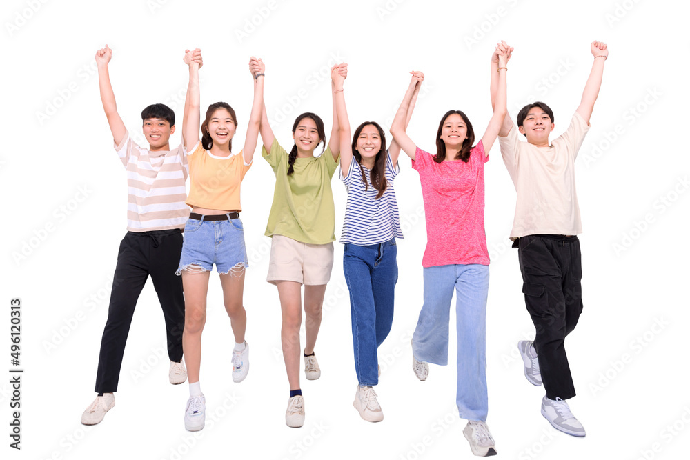 Fototapeta premium Teenager student group walking together and raising hands