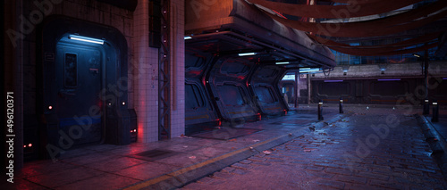Cinematic wide view of a grungy cyberpunk future city street at night. 3D rendering.