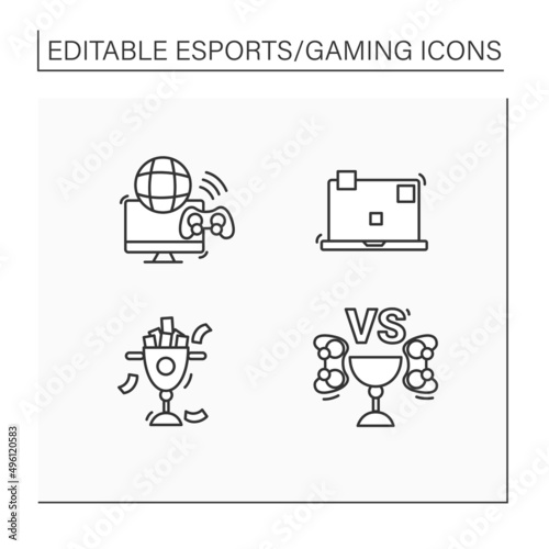 Esports line icons set.Golden prize with money, multiplayer video game, laptop, tournament. Gaming concept. Isolated vector illustration.Editable stroke