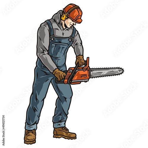 Logger man in hardhat using chainsaw