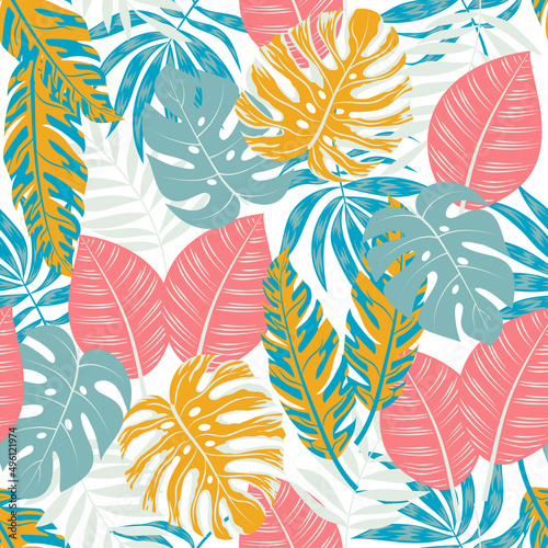 Colorful seamless pattern with tropical leaves. Summer vector background for various surface. Tropical leaves on a white background. Seamless floral pattern with tropical plants. 