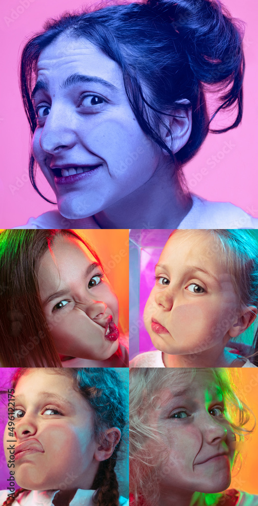 Vertical set of close-up faces of young girls and boys crushed on glass isolated on colored background. Concept of emotions, expressions, diversity.