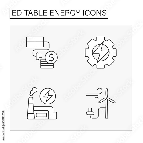 Energy line icons set. Selling of renewable sources. Power stations. Electricity generation concepts. Isolated vector illustrations. Editable stroke