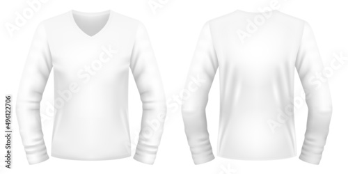 Blank white V-neck long sleeve t-shirt template. Front and back views. Vector illustration.