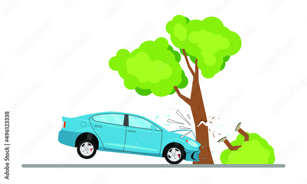 The driver lost control and the car crashed into a tree. Vector illustration.