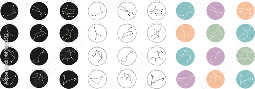 Set zodiac constellation. Collection set of 36 zodiac signs for stars with white, black and colourful colours.