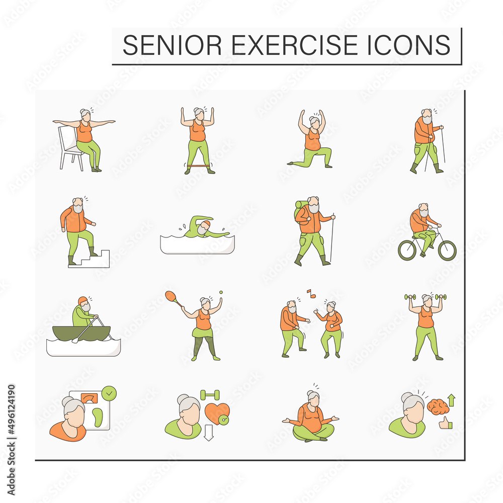 Senior exercise color icons set. Physical activity. Cardio workout. Keeps muscle in tonus. Training concept. Isolated vector illustrations