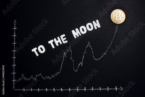 Bitcoin with text "To the moon". The growth of Cryptocurrency concept.