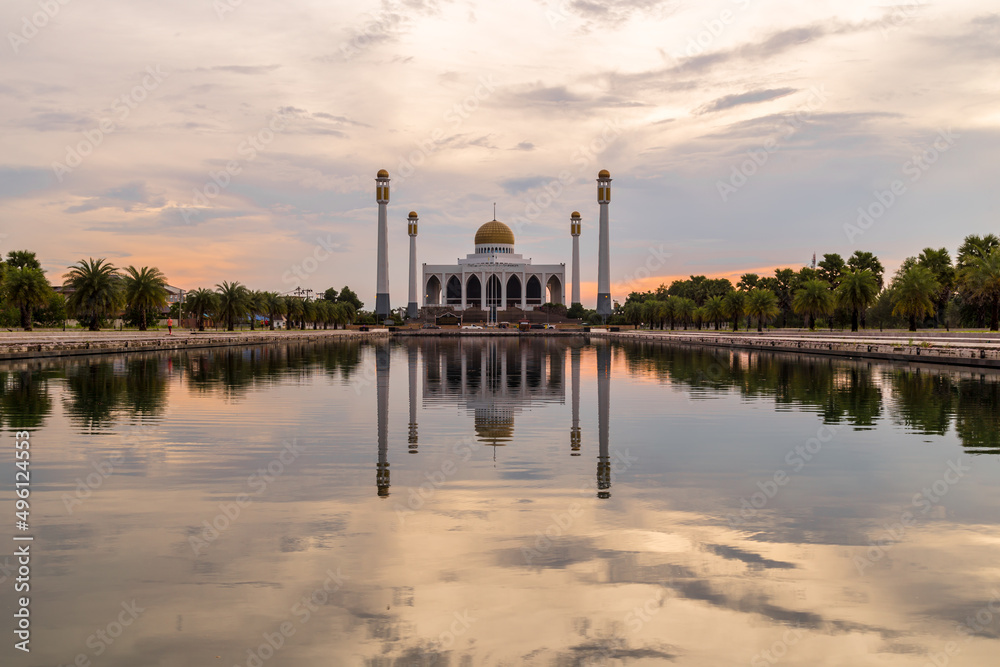 Landscape of beautiful sunset sky at Central Mosque, Songkhla province, Thailand.