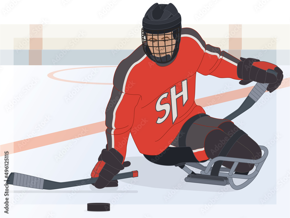 Obraz premium para sports paralympic sledge hockey, physical disabled male player sitting in specialized sled on ice with hockey rink in background