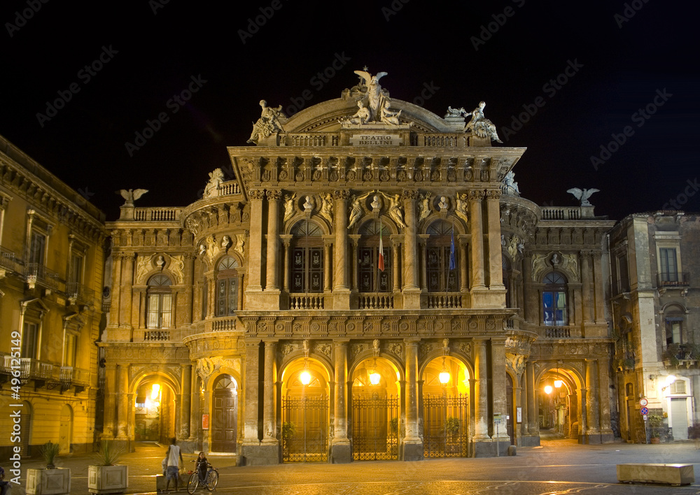 Massimo Bellini Theater at night in Catania, Sicily, Italy