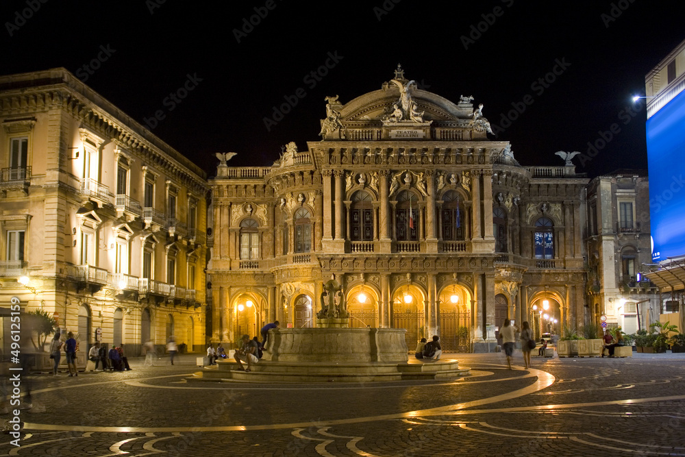 Massimo Bellini Theater at night in Catania, Sicily, Italy	
