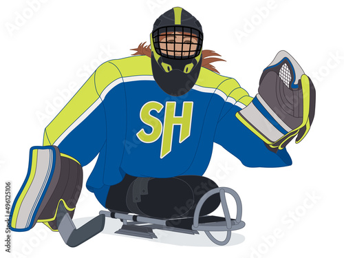 para sports paralympic sledge hockey, physical disabled female goaltender sitting in specialized sled isolated on a white background