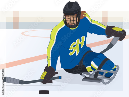 para sports paralympic sledge hockey, physical disabled female player sitting in specialized sled on ice with hockey rink in background