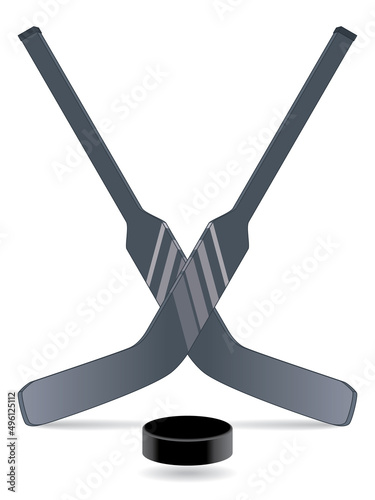 para sports paralympic sledge hockey for physical disabled, goaltender hockey sticks crossed with puck isolated on a white background