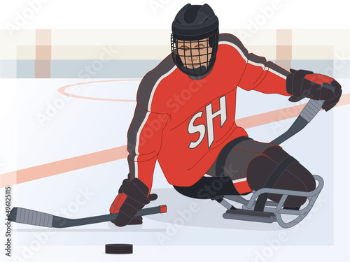 para sports paralympic sledge hockey, physical disabled male player sitting in specialized sled on ice with hockey rink in background