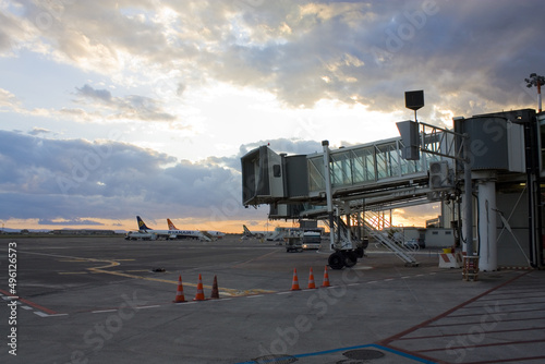 Aviation services in work at Catania Fontanarossa Airport at sunset in Sicily, Italy