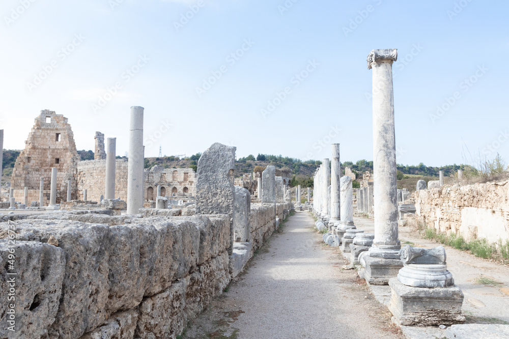 Ancient columns in Ancient city of Perge near Antalya