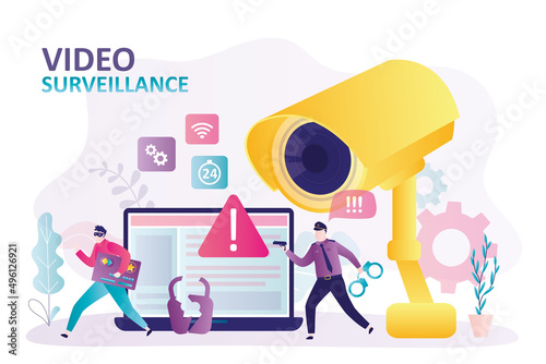 Surveillance cameras help stop crime. Police officer chasing thief for arrest. Police tracked down robber on CCTV cameras