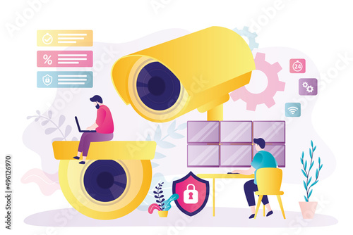 Security guards monitor situation on CCTV cameras. Equipment for theft prevention