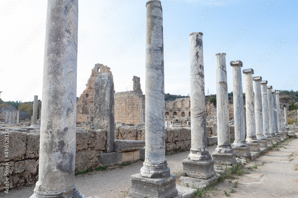 Marble columns in the ruins of the ancient city of Perge. Antalya, Turkey Marble columns in the ruins of the ancient city of Perge. Antalya, Turkey