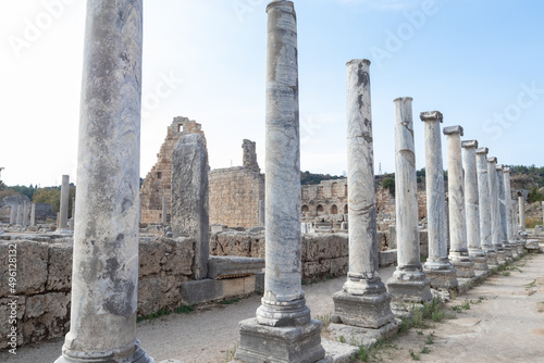 Marble columns in the ruins of the ancient city of Perge. Antalya, Turkey
