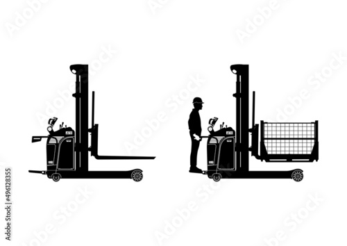Silhouette of electric stacker. Side view of forklift with driver and load. Vector.