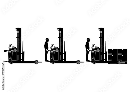 Silhouette of electric stacker. Side view of forklift with driver and load. Vector.