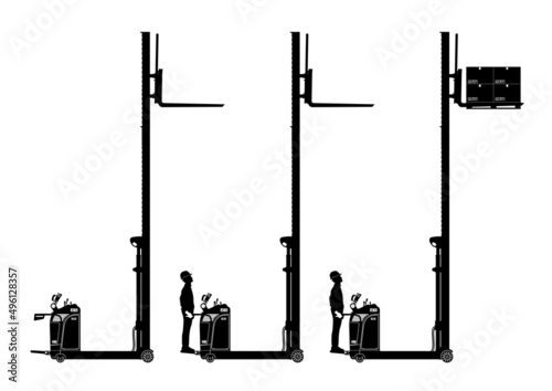 Silhouette of electric stacker. Side view of forklift with driver and load. Vector.