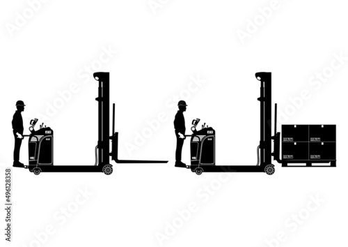 Silhouette of electric stacker. Side view of forklift with driver and load. Vector.