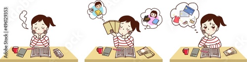 家計簿をつけて悩んでいる、若い女性のセットイラスト。